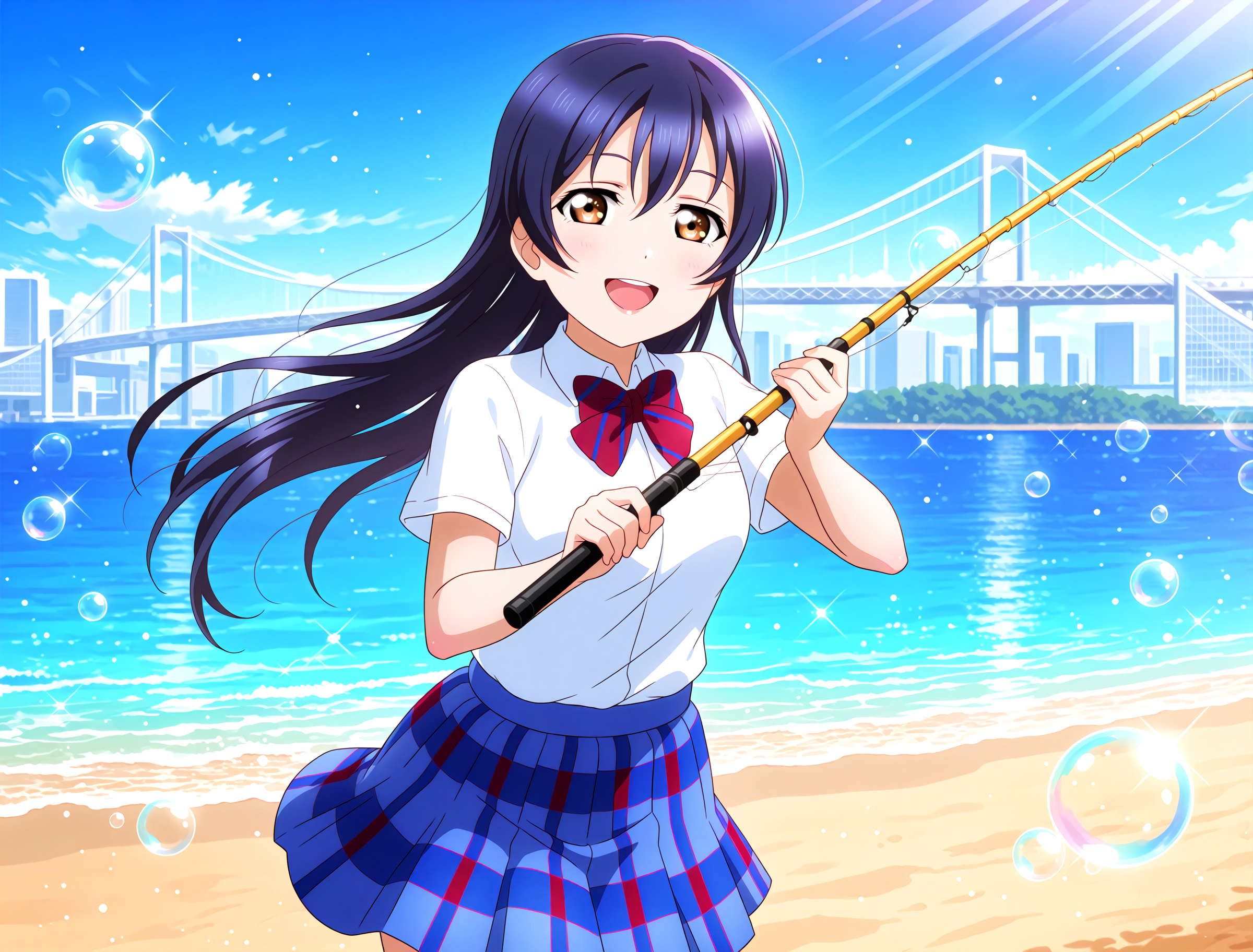 <lora:Koto-Umi-Riko-Shizu-Setsu-LLAS-IllustriousXLV01-V1:1> <lora:sdxl-boldline:-0.5> <lora:sdxl-flat:0.5>
<lora:Rainbowbridge-IllustriousXLV01-V1:1>
llas, masterpiece, very aesthetic, absurdres, best quality, newest, perfect anatomy, perfect lighting, anime coloring BREAK
sparkle, light particles, light rays, rim lighting, (depth of field, blurry background:1.2) BREAK
1girl, solo, looking at viewer, cowboy shot BREAK
sonoda umi, fishing rod, holding fishing rod, fish BREAK
big pupils, (detailed eyes:1.2), huge breasts, lips, :d, upper teeth only BREAK
(otonokizaka school uniform:0.8), (white shirt), collared shirt, short sleeves, red bowtie, blue skirt, plaid skirt, pleated skirt BREAK
rainbowbridge, odaibakaihinkoen, beach, sand, reflective water, day, blue sky, blue theme, (bubble, water drop:1.2)