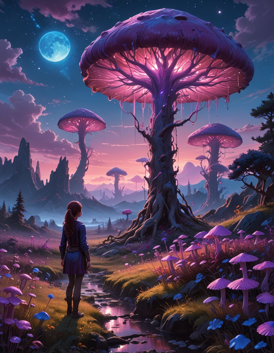 Bianca from Italy, long ponytail [auburn:copper:.3] hair, concept art painting of a fantasy alien fungal landscape at night, magenta trees, glowing blue mushrooms, dark purple sky, realistic, detailed, cel shaded, in the style of makoto shinkai and greg rutkowski and albert bierstadt and james gurney, sunset, glowing sky, fading light, serene