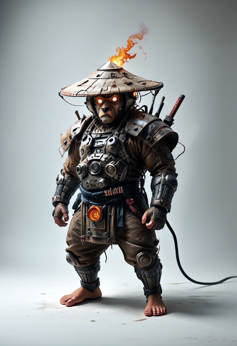 masterpiece, best quality, newest,
 eyecatching composition, dynamic pose, dynamic angles, detailed background of bamboo forest, Asian conical hat, strawhat, conical hat,
A Shadow faster than the light
Like cosmic fire his presence is
Shining in the night
Born from high technology
Too fast for human eyes to see
A soldier made of cyber steel
Create to kill the enemy
By neutreon power he is ready to strike
Can you feel the fire
See the anger in his burning eyes
He's the Super Sonic Samurai
By jetpack power he's ready to fly
He's the Super Sonic Samurai
Laser Katana high up to the sky
For the Super! Sonic Samurai!
barefoot plantigrade furry male, panda bear, chubby