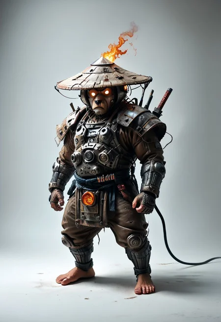 masterpiece, best quality, newest,
eyecatching composition, dynamic pose, dynamic angles, detailed background of bamboo forest, Asian conical hat, strawhat, conical hat,
A Shadow faster than the light
Like cosmic fire his presence is
Shining in the night
Born from high technology
Too fast for human eyes to see
A soldier made of cyber steel
Create to kill the enemy
By neutreon power he is ready to strike
Can you feel the fire
See the anger in his burning eyes
He's the Super Sonic Samurai
By jetpack power he's ready to fly
He's the Super Sonic Samurai
Laser Katana high up to the sky
For the Super! Sonic Samurai!
barefoot plantigrade furry male, panda bear, chubby