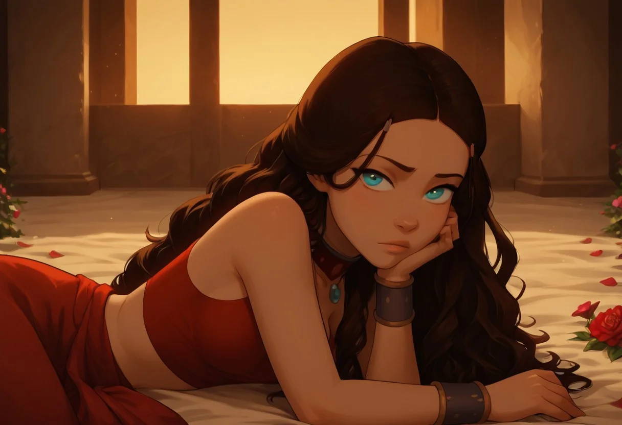 masterpiece,best quality, highly detailed, (score_9, score_8_up, score_7_up), summer, Katara\(last airbender), perfect eyes, perfect face, resting head, looking at viewer, beautiful, stunning, young adult, beautiful, long hair, curly hair, necklace, medium breasts, cleavage, lying, flowers, tight body, curves, wide hips, slim waist, candid picture, vibrant lighting, high contrast, dramatic shadows, highly detailed, side view, detailed skin, depth of field,