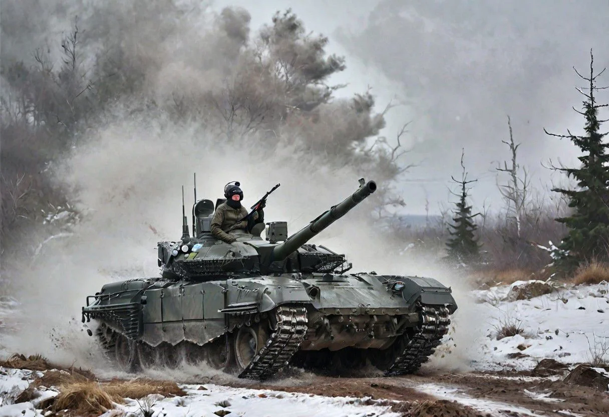 a complex illustration of a mighty (riding on a tank the t90m made in Russia, wearing a headset, wearing a winter disguise, a gun behind his back), winter, snow, snowflakes falling towards the viewer, trees and snow, in a huge cloud of dust, plump, hyperrealistic scene, heavy rain, detailed focus, art by Aaron Jasinski, epic fantasy scene, bright colors, Enchanted masterpiece, Fantasycore, Award-Winning, Masterpiece, contrasting, faded, <laura:Devastation:0.5>