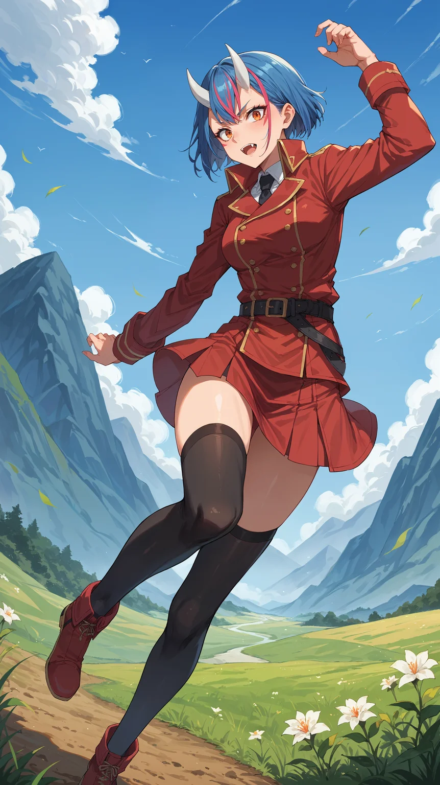 score_9,score_8_up,score_7_up,score_6_up, source_anime, zPDXL3, <lora:xl_more_art-full_v1:0.5>, woman, dynamic pose, wrapping arms around legs, <lora:Gobwa - Pony-000004:0.8>, blue hair, pink streaks, multicolored hair, streaked hair, short hair, orange eyes, white horns, small horns, facial markings, fangs, black necktie, red skirt, black belt, black thighhighs, high collar, red jacket, red outfit, mountainous horizon, open field,