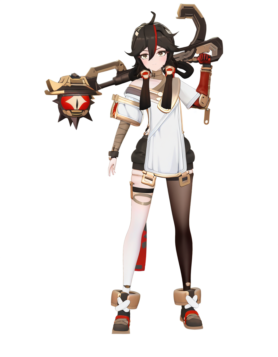 <lora:changan_noob:0.9>,3dchangan,huanxing-changan,1girl,solo,white background,thighhighs,holding,hair between eyes,black hair,bangs,ahoge,closed mouth,standing,simple background,bandages,full body,weapon,holding weapon,over shoulder,long hair,single thighhigh,bandaged arm,looking at viewer,multicolored hair,asymmetrical sleeves,off shoulder,weapon over shoulder,bandaged leg,streaked hair,twintails,
masterpiece,best quality,very aesthetic,absurdres,