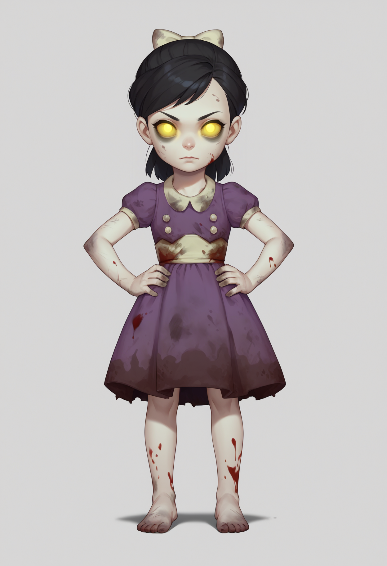 score_9, score_8_up, score_7_up,  BREAK,
1girl, lilsis, black hair, yellow eyes, yellow sclera, glowing eyes,
bow,
dirty, blood, muddy dress, dress, barefoot,
hands on hips, full body, looking at viewer, solo, simple background, white background     <lora:LittleSisterXL_byKonan:1>