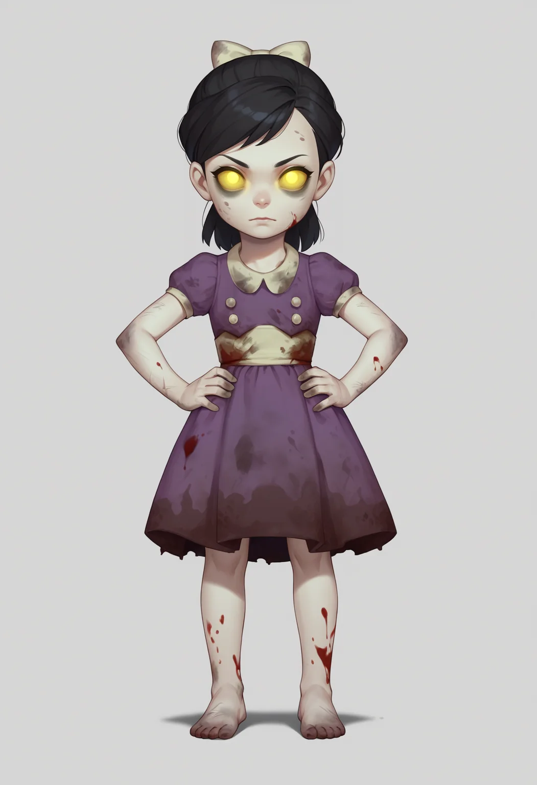 score_9, score_8_up, score_7_up, BREAK,
1girl, lilsis, black hair, yellow eyes, yellow sclera, glowing eyes,
bow,
dirty, blood, muddy dress, dress, barefoot,
hands on hips, full body, looking at viewer, solo, simple background, white background <lora:LittleSisterXL_byKonan:1>