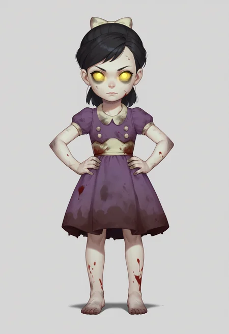 score_9, score_8_up, score_7_up, BREAK,
1girl, lilsis, black hair, yellow eyes, yellow sclera, glowing eyes,
bow,
dirty, blood, muddy dress, dress, barefoot,
hands on hips, full body, looking at viewer, solo, simple background, white background <lora:LittleSisterXL_byKonan:1>