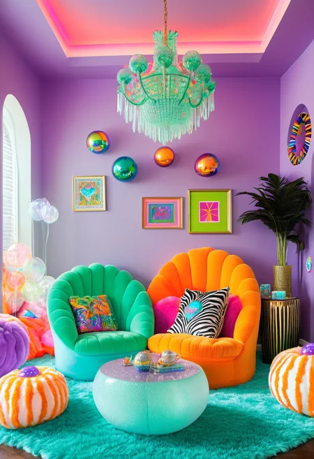 y2kmad, Light mood masterpiece photography, realistic, realistic photograph, crystal chandeliers, large chandelier, living room, two chandeliers, couch, indoors, giant gumball machine, coffee table, luxurious living room, glitter throw pillows, Lisa Frank inspired, scene indoors, owl room decor, pastel pillows, glitter pillows, Nickelodeon room decor, fancy furniture, Lisa Frank colors, fluffy neon rug, clouds painted on walls, coffee table, elephant statues, two chairs, books on table, throw pillows on couch, zebra print throw pillows, light coming in from outside, arcade game, gaudy couches, giant lava lamp, lava lamp, disco balls, fairy room decor, large windows, maximalism, green, blue, turquoise, purple, orange, purple couches, maximalist living room, soft rug, neon rug, cat statue, lots of pillows, 2000s, Lisa Frank alien pictures on wall, water bed, green Glass, Vinyl, neon green lamp, pastel pink walls, Vivid colours, plastic orange designer chair, crystal beaded curtains, funky room, futuristic shaped chair, neon lights