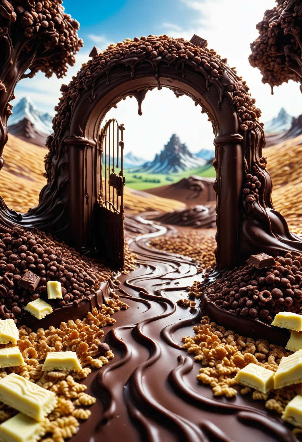 a gate made of melted chocolate and cereals by Jed-ChocoC, its the entrance to the land of milk and honey, behind the gate is a open path made of melted chocolate into a fantasy chocolate landscape <lora:last:0.7> <lora:SDXLFaeTastic2400:0.7>