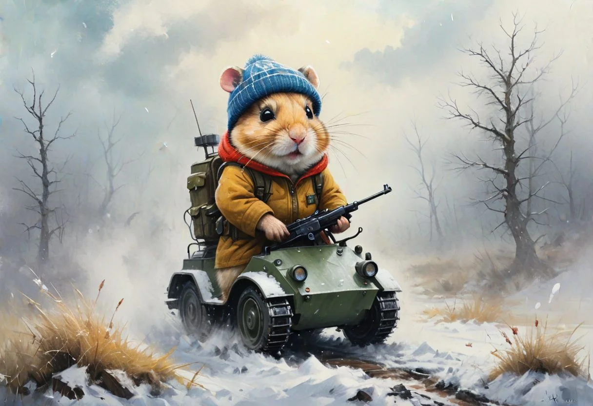 a complex illustration of a mighty cloudy Jungar hamster (riding on a tank the T-34 made in USSO, wearing a headset, wearing a winter disguise, a gun behind his back), with a rifle behind his back, in a knitted hat, dressed in a tracksuit, winter, snow, snowflakes falling towards the viewer, trees and snow, in a huge cloud of dust, plump, hyperrealistic scene, heavy rain, detailed focus, art by Aaron Jasinski, epic fantasy scene, bright colors, Enchanted masterpiece, Fantasycore, Award-Winning, Masterpiece, contrasting, faded, <laura:Devastation:0.5>