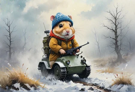 a complex illustration of a mighty  cloudy Jungar hamster (riding on a tank the T-34 made in USSO, wearing a headset, wearing a winter disguise, a gun behind his back), with a rifle behind his back, in a knitted hat, dressed in a tracksuit, winter, snow, snowflakes falling towards the viewer, trees and snow, in a huge cloud of dust, plump, hyperrealistic scene, heavy rain, detailed focus, art by Aaron Jasinski, epic fantasy scene, bright colors, Enchanted masterpiece, Fantasycore, Award-Winning, Masterpiece, contrasting, faded, <laura:Devastation:0.5>