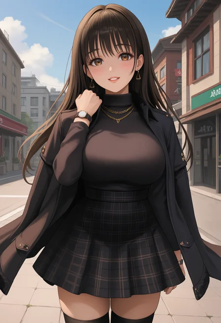 score_7_up, source_anime BREAK 1girl, solo, <lora:diesel-nikke-richy-v1_pdxl:1> dslblk, brown eyes, black hair, long hair, bangs, large breasts, earrings, necklace, black sweater, black coat, coat on shoulders, black skirt, high-waist skirt, plaid skirt, wristwatch, black thighhighs, standing, parted lips, happy, looking at viewer, blush, long sleeves, outdoors
