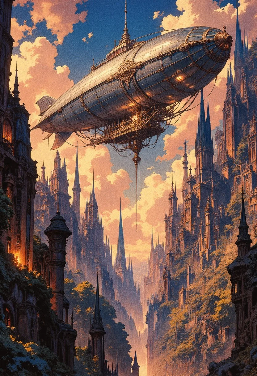 In a sprawling aetherpunk cityscape, towering spires of gleaming metal and glowing energy merge with organic elements like shimmering vines and moss-covered ruins. A mesmerizing airship, adorned with intricate gears and steam vents, hovers in the sky above. This enchanting painting captures the fusion of futuristic technology and natural elements in the aetherpunk genre, with impeccable attention to detail and vibrant colors that bring the scene to life in unparalleled quality.
