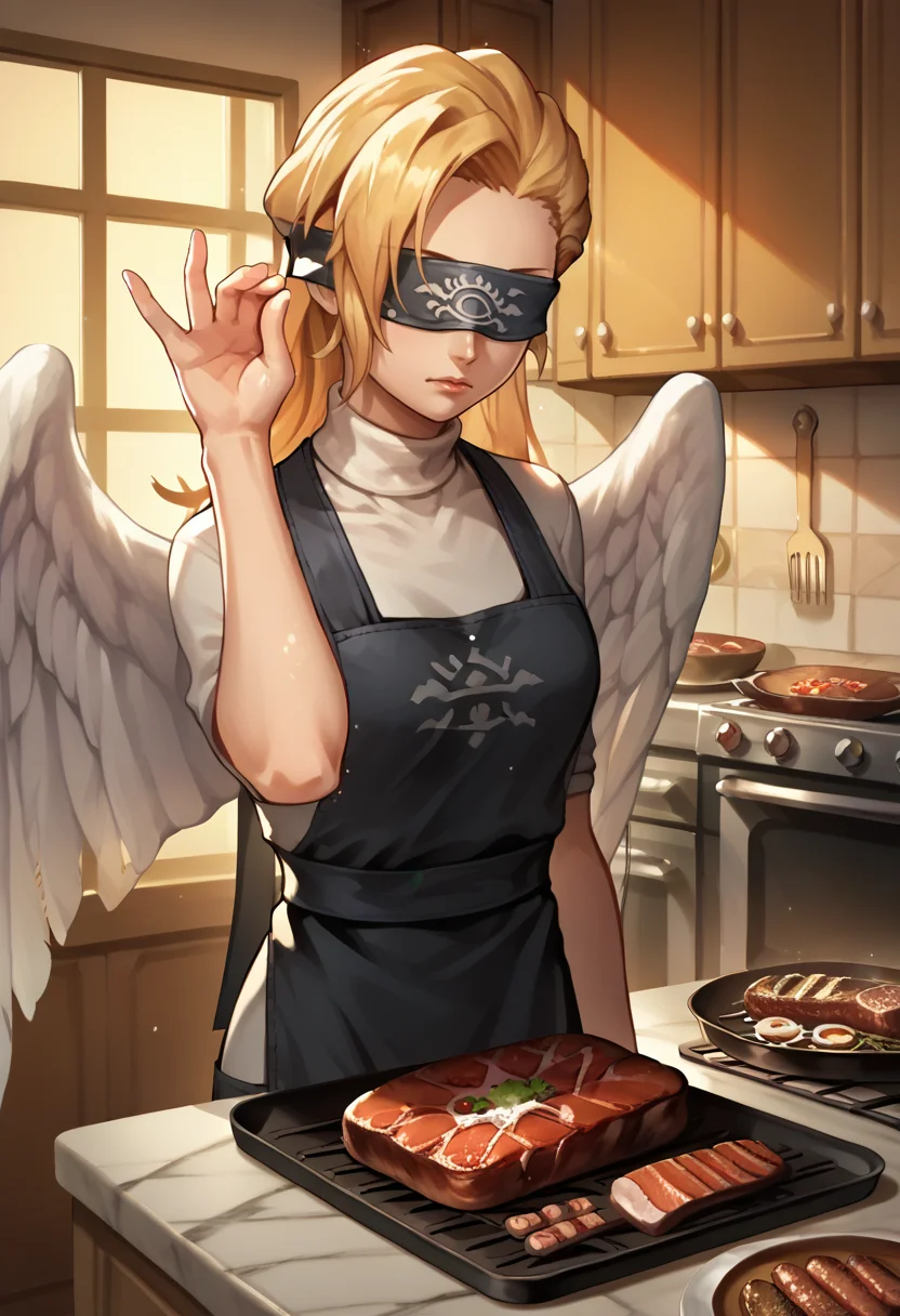 score_9, score_8_up, score_7_up, source_anime, 1girl, solo, <lora:AngelSMT-pdxl:1> angelSMT, long hair, blindfold, covered eyes, angel wings, white shirt, turtleneck, black apron, <lora:SaltBaeMeme_XLPD_CAME:1> SaltBaeMeme, kitchen, steak, indoors