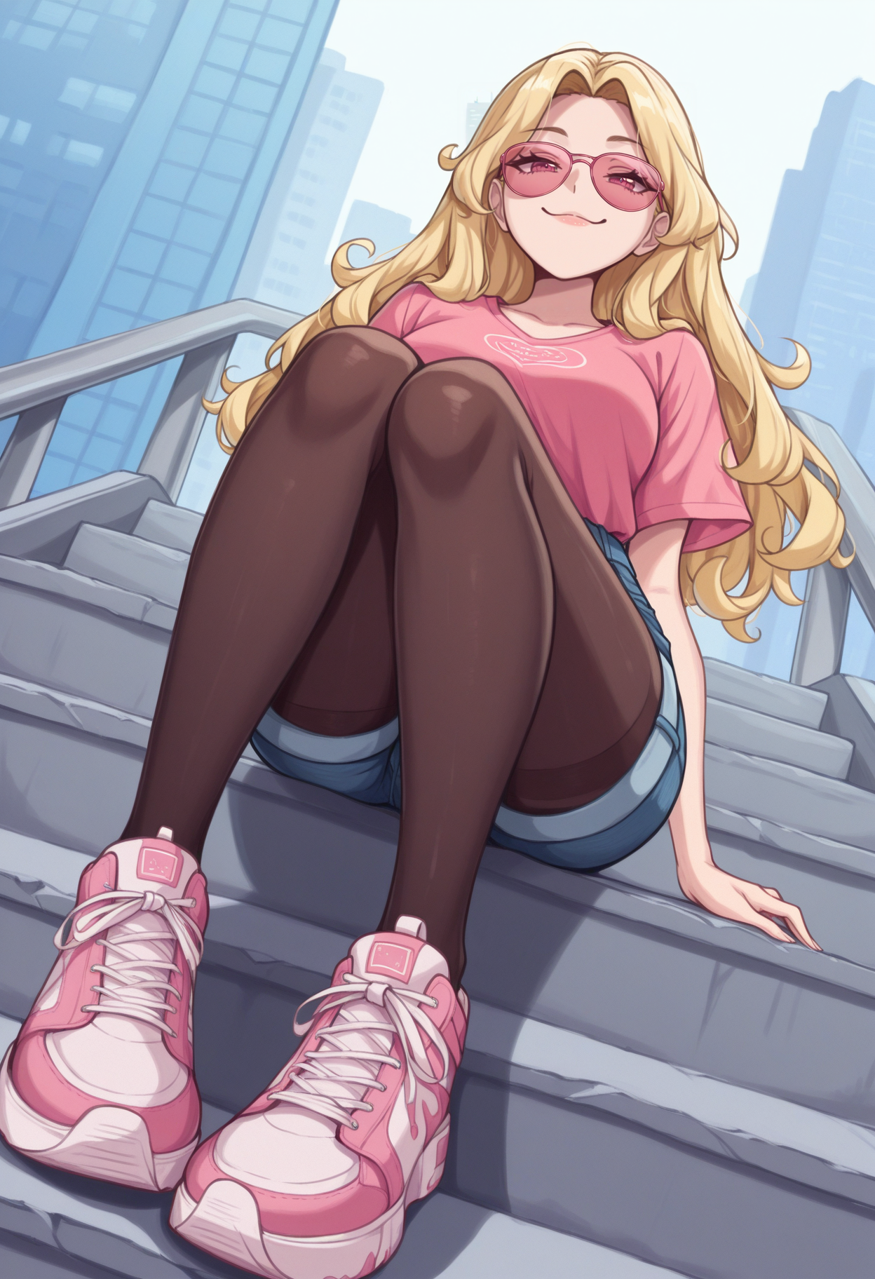 masterpiece, best quality, 1girl, solo,  <lora:NSHaleyStardew:1> NSHaleyStardew, long hair, blonde hair, wavy hair, pink t-shirt, denim shorts, pantyhose under shorts, pantyhose, sitting, stairs, outdoors, city, sneakers, dutch angle, full body, from below, looking at the viewer, smug, pink sunglasses