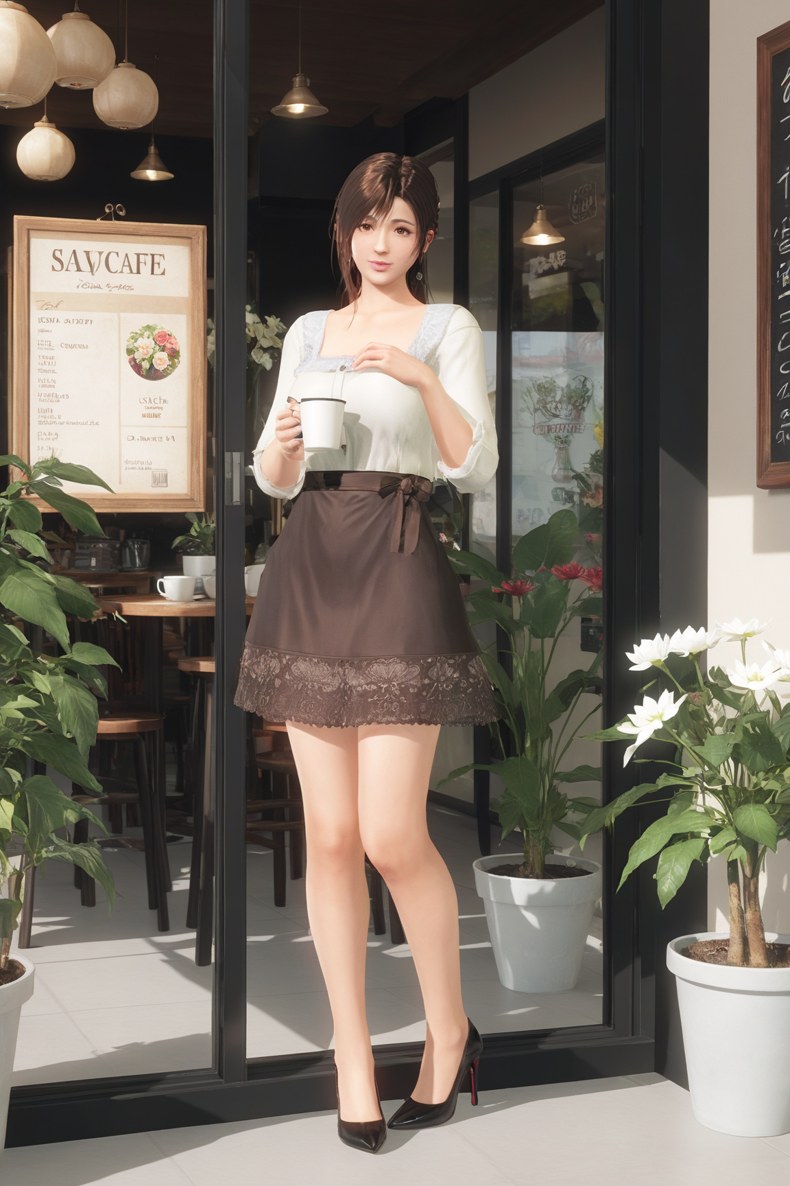 score_9,score_8,score_7_up,best quality,high detailed,
sayuri \(doa\), 1girl, solo,
mole under eye, brown eyes, dark brown hair, shiny hair,
messy cafe,holding coffee cup,against window,full body,Vase,potted plant,menu,ahoge,flower,heels,
 <lora:doa_sayuri_pdxl_v11:0.9>