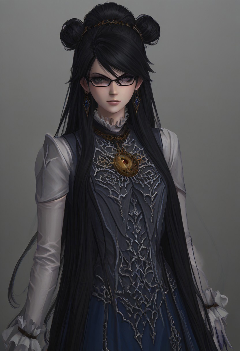 ,score_9, score_8_up, score_7_up,<lora:brawl_style_1_2_R:0.8>, 1girl, brawl, bayonetta 2, Black Hair, Very Long Hair, Epic Hair, Big Hair, Wavy Hair, Ponytail, Dual Bun, Brawl Stars Style, Blue Triangle Earrings, Gray Eyes, White Long Gloves, Long Sleeves, Skirt, Eyeglasses, Half Body, {{Sakimichan Style}}