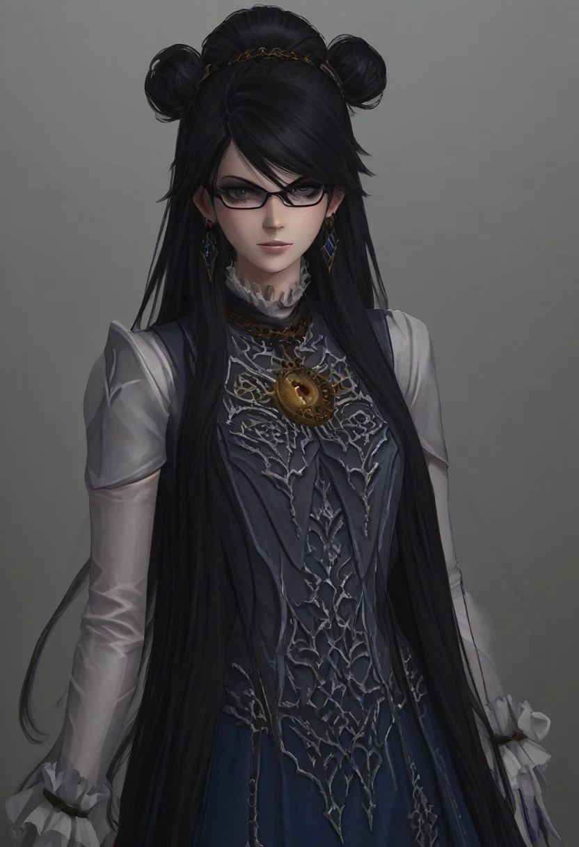 ,score_9, score_8_up, score_7_up,<lora:brawl_style_1_2_R:0.8>, 1girl, brawl, bayonetta 2, Black Hair, Very Long Hair, Epic Hair, Big Hair, Wavy Hair, Ponytail, Dual Bun, Brawl Stars Style, Blue Triangle Earrings, Gray Eyes, White Long Gloves, Long Sleeves, Skirt, Eyeglasses, Half Body, {{Sakimichan Style}}
