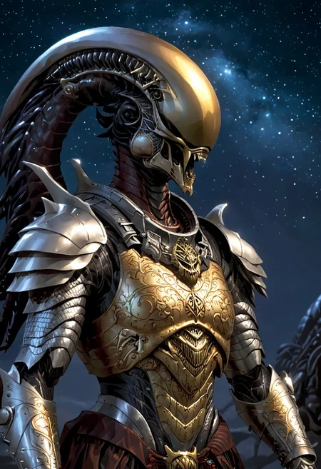 An insanely Detailed Divine Xenomorph, Golden and silver in color, cyberpunk, a crimson tinge to the golden color, Hyperdetailed, Omnipresent, Beautiful, Sinister overtones, otherworldly,((masterpiece, best quality)), fantasy, solo, 1 alien knight, silver armor chestplate with silver medieval ornaments and runes, galactic night sky background, perfect composition, sidelighting, outdoor,