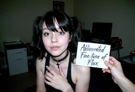 d1g1cam, amateur photo, low-lit, Low-resolution photo, shot on a mobile phone, noticeable noise in dark areas. young woman, late 20s, front view, looking at the viewer, She has light skin and dark hair styled in two pigtails, with bangs covering her forehead, She also has a black choker and a black cross necklace, adding to the gothic aesthetic. Her expression is neutral, right hand near the neck. The background shows a room with furnitures and desk with computer and monitor. Left hand holding a sign with handwritten text "Abliterated Fine-Tune of Flux"