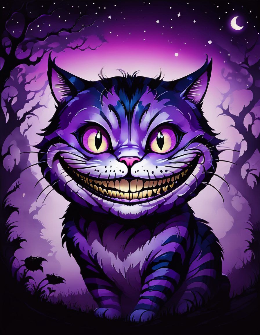 The Cheshire Cat grinning in the dark, purple gradient <lora:SDXLStencilStyleFAE:0.8> stencil style,  high quality, kawaii, spooky