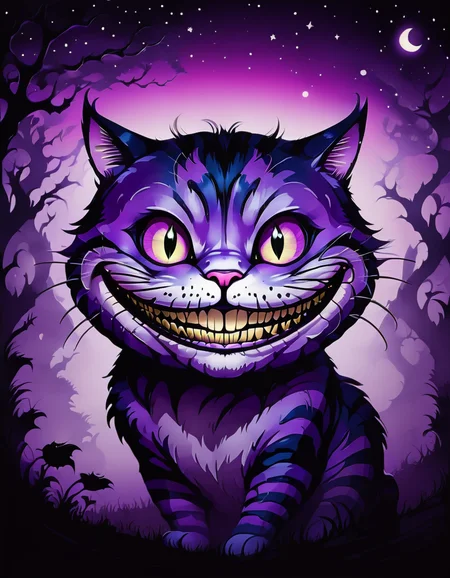 The Cheshire Cat grinning in the dark, purple gradient <lora:SDXLStencilStyleFAE:0.8> stencil style, high quality, kawaii, spooky