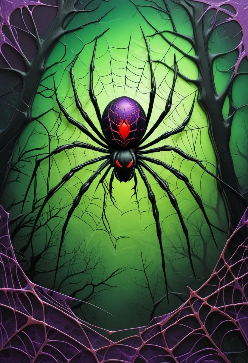 Halloween Nature Print of a Spider, Abstract Satin Texture, Gradients of Black, Blood Red, and Glowing Purple, Accents of Neon Web Patterns and Eerie Green Highlights, Glossy Surface, Dark, Creepy Forest Aesthetic