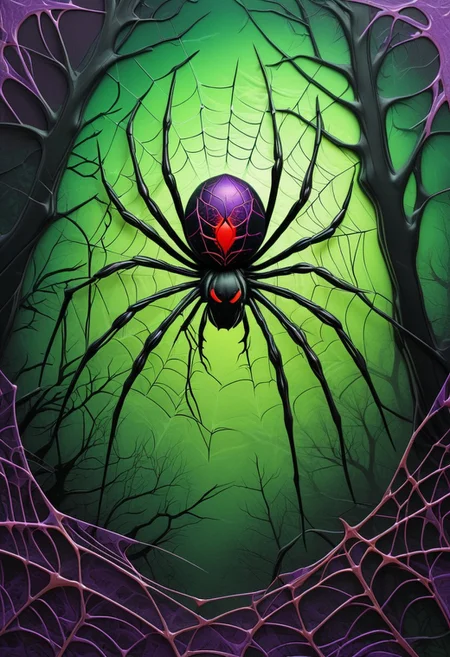 Halloween Nature Print of a Spider, Abstract Satin Texture, Gradients of Black, Blood Red, and Glowing Purple, Accents of Neon Web Patterns and Eerie Green Highlights, Glossy Surface, Dark, Creepy Forest Aesthetic