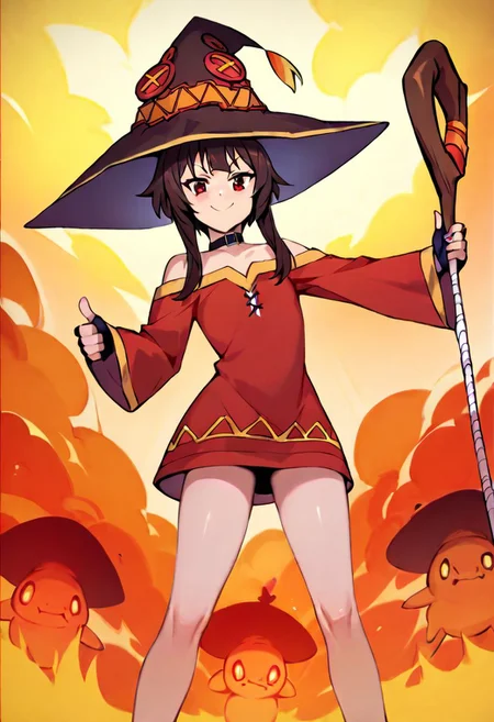 Megumin, standing, thumbs up, one staff, witch hat. giant nuclear explosion background, blast wave, nuclear mushroom cloud.
score_9, score_8_up, score_7_up, score_6_up, best quality, 4k, ultra hd, anime style, highest score. 1girl, (correct anatomy).