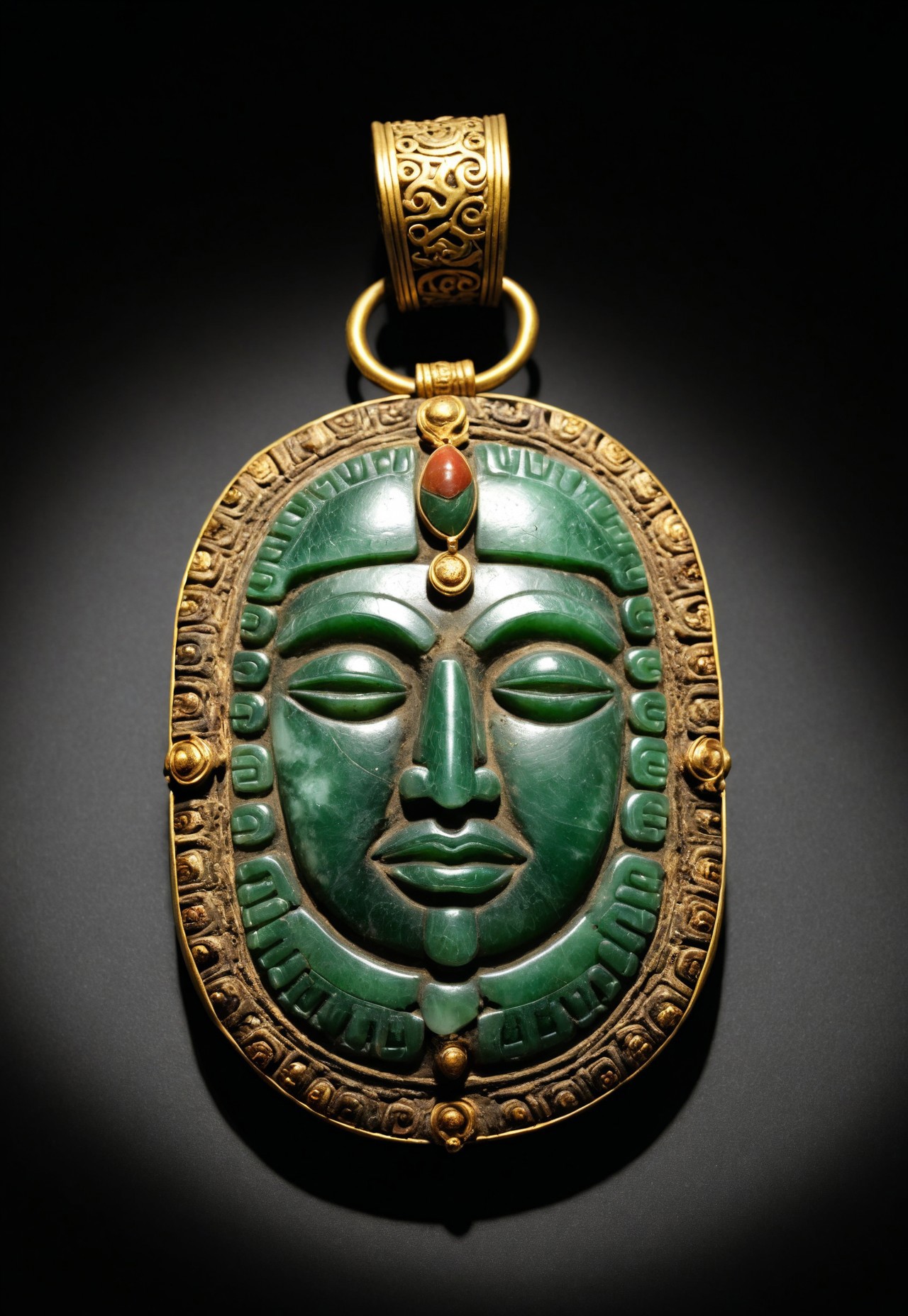score_9, score_8_up, score_7_up, score_6_up, ((highly realistic, highly detailed, photorealistic, photography, photo)), ((high quality:1.4, best quality:1.5)), ((full view, pov from above)), view of an antique amulet exposed in an museum, the antique amulet is made of carved old jade and aged gold inlay, the the antique amulet come from old Maya civilisation, ((the antique amulet have a Maya face carved on it)), (sharp shadow, dim light, low light, dramatic light), fixl-art