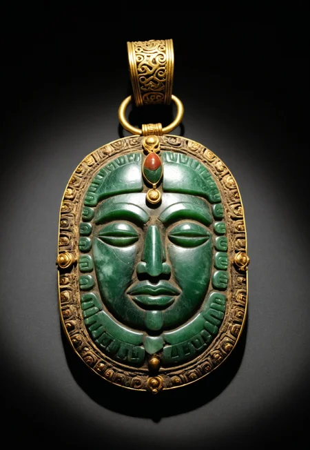 score_9, score_8_up, score_7_up, score_6_up, ((highly realistic, highly detailed, photorealistic, photography, photo)), ((high quality:1.4, best quality:1.5)), ((full view, pov from above)), view of an antique amulet exposed in an museum, the antique amulet is made of carved old jade and aged gold inlay, the the antique amulet come from old Maya civilisation, ((the antique amulet have a Maya face carved on it)), (sharp shadow, dim light, low light, dramatic light), fixl-art