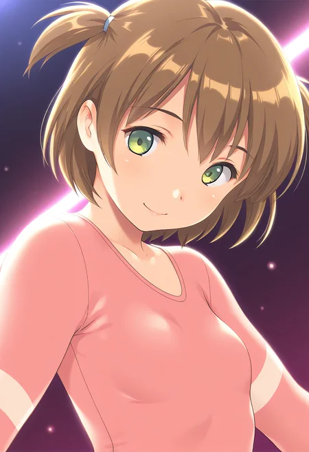 masterpiece, best quality, amazing quality, 1girl, solo, portrait, mikuww, light green eyes, brown hair, short hair, small breasts, pink athletic leotard, looking at viewer, smile, skindentation, detailed clothing folds, depth of field, sharp, high contrast, dynamic light <lora:Shintaisou_Kari_Miku_Haneoka_ill:1>