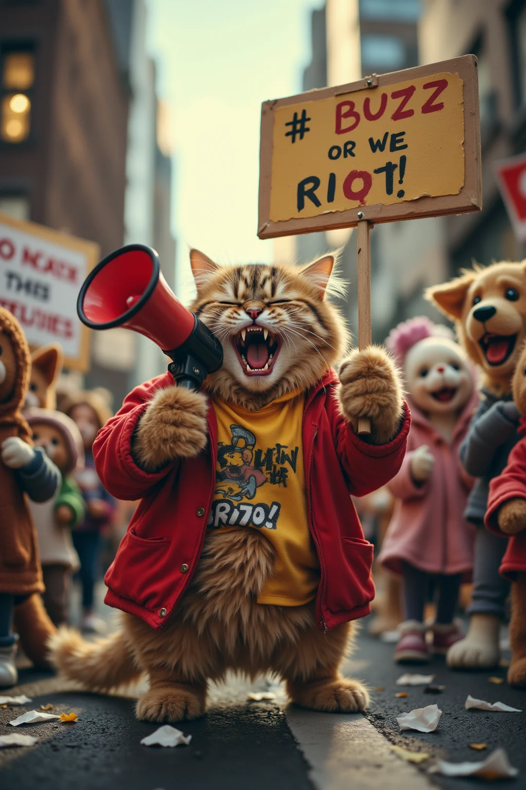 a cat with a megaphone, leading a protest of plush toys holding signs like "Buzz or We Riot!" ,photorealistic, hilarious civil disobedience energy