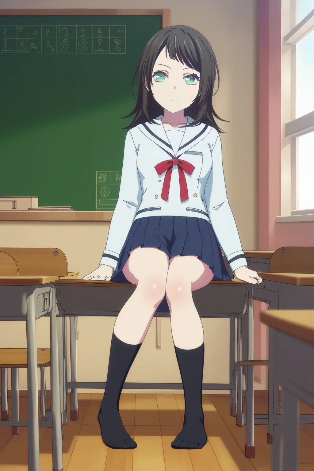 ,,,masterpiece,best quality,highres,4k,8k,intricate detail,cinematic lighting,perfect_eyes,High face detail,rating_explicit,high resolution,detailed eyes,
,score_9, score_8_up, (score_7_up), source_anime,anime coloring,anime,(anime screencap),,zPDXL,
,,detailed background,, day, indoor, classroom,
,sitting_on_chair, looking at viewer, full body,
F:, , skirt, pleated skirt, long sleeves, skirt,, miniskirt,, sailor uniform, serafuku, black socks, (kneehighs), no shoes,
,,,,,,,yahata umiri, black hair, green eyes, medium hair, swept bangs,
, <lora:yahata_umiri_PonyXL_v1:1>