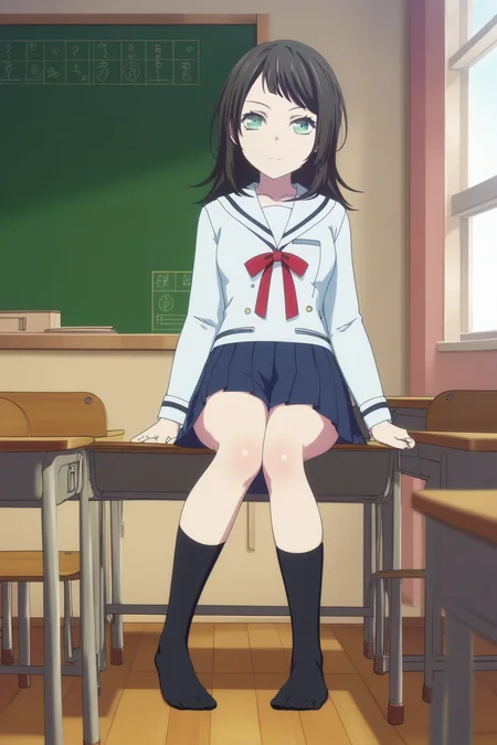 ,,,masterpiece,best quality,highres,4k,8k,intricate detail,cinematic lighting,perfect_eyes,High face detail,rating_explicit,high resolution,detailed eyes,
,score_9, score_8_up, (score_7_up), source_anime,anime coloring,anime,(anime screencap),,zPDXL,
,,detailed background,, day, indoor, classroom,
,sitting_on_chair, looking at viewer, full body,
F:, , skirt, pleated skirt, long sleeves, skirt,, miniskirt,, sailor uniform, serafuku, black socks, (kneehighs), no shoes,
,,,,,,,yahata umiri, black hair, green eyes, medium hair, swept bangs,
, <lora:yahata_umiri_PonyXL_v1:1>