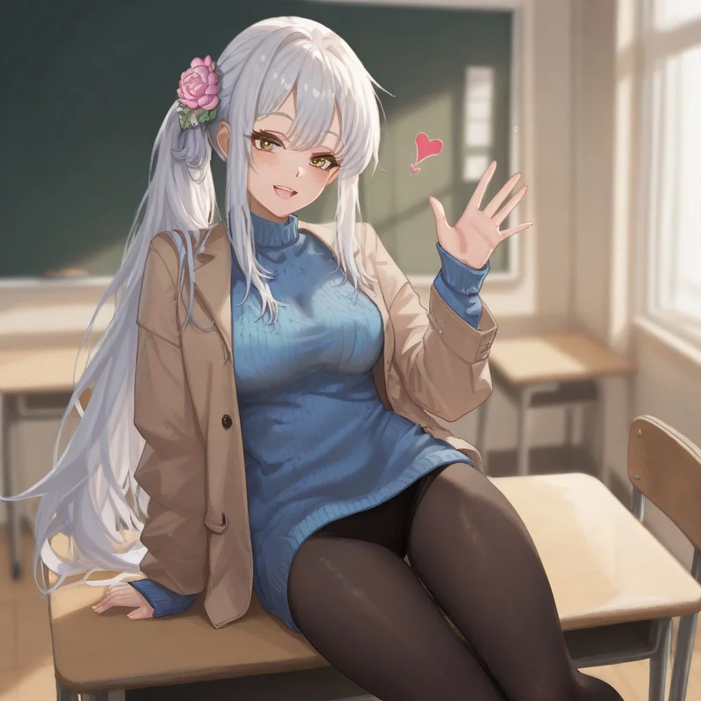 masterpiece, very aesthetic, best quality, high detail, 1girl, solo, solo female, feet out of frame, looking at viewer, yan_kodiac, yagi yui, breasts, curvy, classroom, desk, relaxing on desk chair, happy to see you, one hand waving, happy to see you, :D, blush, heart, white hair, long hair, yellow eyes, ponytail, brown jacket, blue sweater, black pantyhose, hair flower, open clothes,