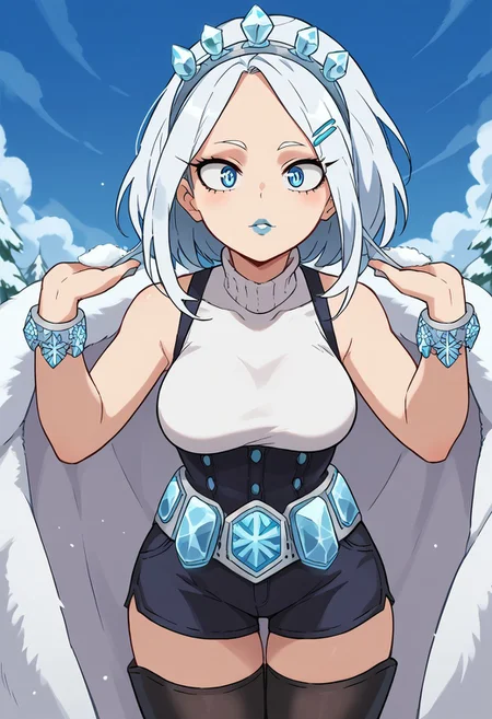 score_9, score_8_up, score_7_up, score_6_up, source_anime, ultra quality, anime screencap, closer view, (/my hero academia style), 1girl, white hair, medium hair, blue arrows, blue eyes, blue lipstick, snowflake hair clip, ice crown, white fur coat, white sleeveless turtleneck, white knee-high boots, black tights, black corset shorts, fluffy bracelets, ice ornaments, ice belt, wide hips, medium breasts, standing, close-up face
