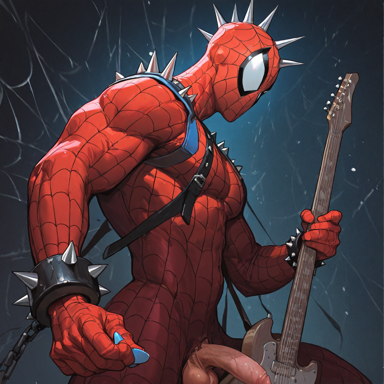 <lora:SPIDERPUNK:1>spiderpunk, solo, looking at viewer, 1boy, holding, male focus, mask, bodysuit, chain, traditional media, from side, instrument, spikes, music, guitar, holding instrument, white eyes, playing instrument, electric guitar, superhero, \m/, red bodysuit, silk, spider web, penis up, cumming, erect, testicles, hard, spider web print, shoulder spikes, plectrum, holding plectrum, spiked bracelet,  dynamic perspective, night, detailed background, motion blur, film grain, abstract, natural lighting, fantasy, cinematic, dynamic view, very awa, masterpiece, best quality, absurdres, newest, perfect quality, detailed background, intricate details, (artist:fl \(l-fl\):0.7), (artist:tooboshoo:0.7), (artist:dizdoodz:0.8)    <lora:bulge:1> bulge