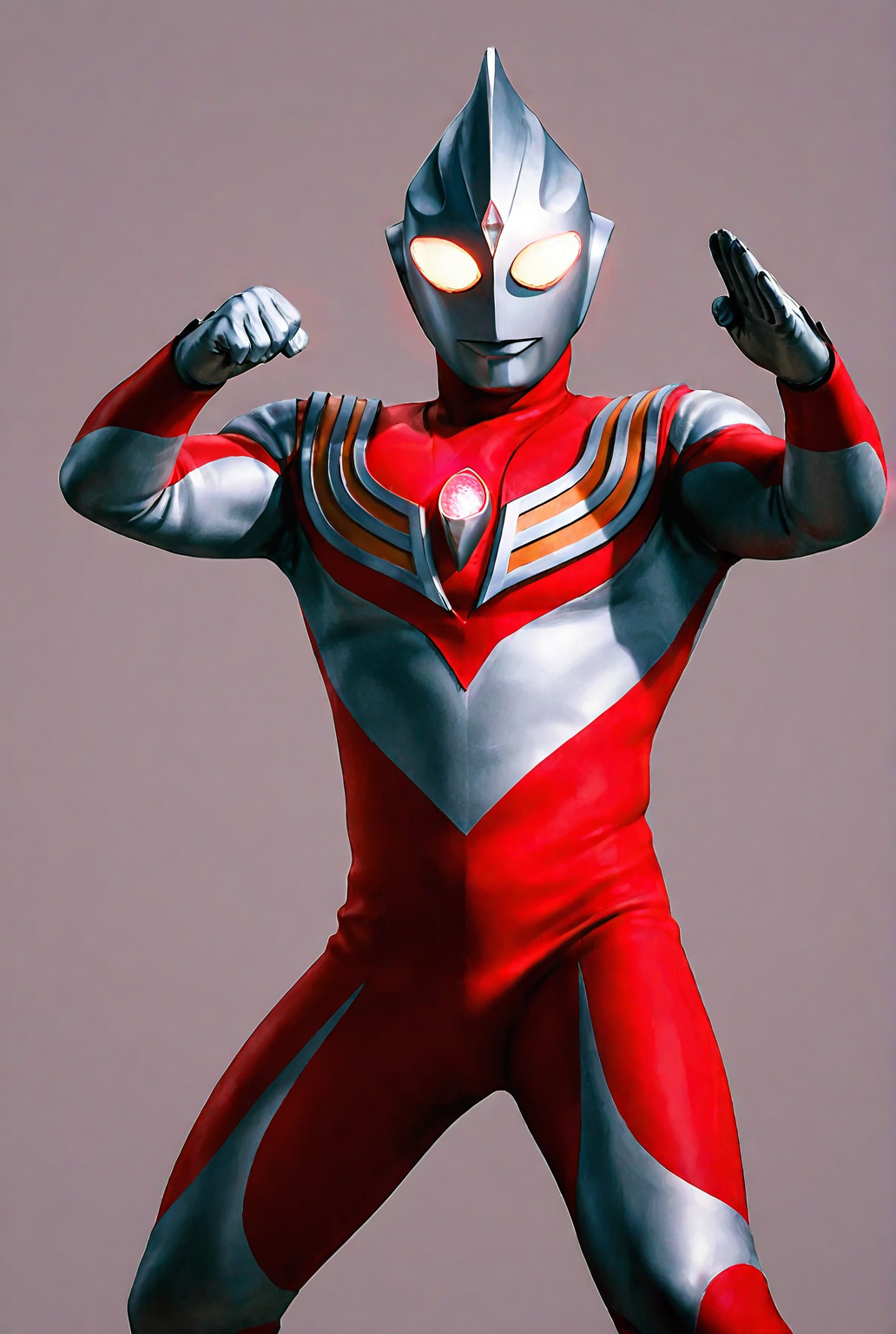 score_9,score_8_up,score_7_up,best quality,ultra-detailed,high resolution,digital painting,8k,1boy,solo,cowboy shot,male focus,bara,detailed face,2d,front view,alien,tokusatsu,bodysuit,glowing eyes,tiga power type,red bodysuit,fighting stance,light,glowing body,simple background,<lora:add-detail-xl:1>,<lora:Ultraman Tiga:0.8>,
