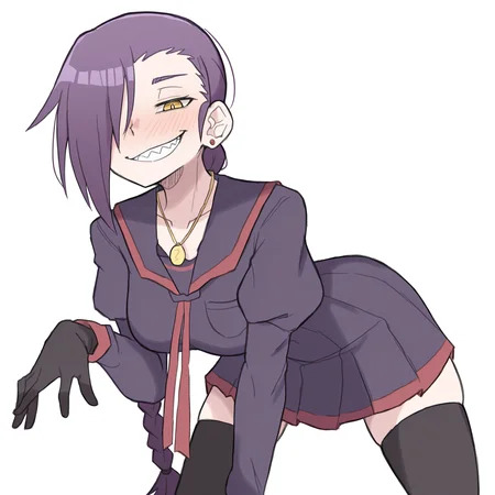 masterpiece, best quality, amazing quality, very aesthetic, absurdres, newest,
<lora:Zlixon_style_ILLUST-000002:0.95> zlix0n, re:creators, monogatari \(series\),
1girl, solo, <lora:magane-chikujouin-s1-ponyxl-lora-nochekaiser:0.75> magane chikujouin, long hair, purple hair, braid, single braid, hair over one eye, yellow eyes, sharp teeth,
medium breasts, skirt, thighhighs, gloves, jewelry, school uniform, earrings, serafuku, black gloves, black thighhighs, necklace, zettai ryouiki,
smug, looking at viewer,
interesting pose,