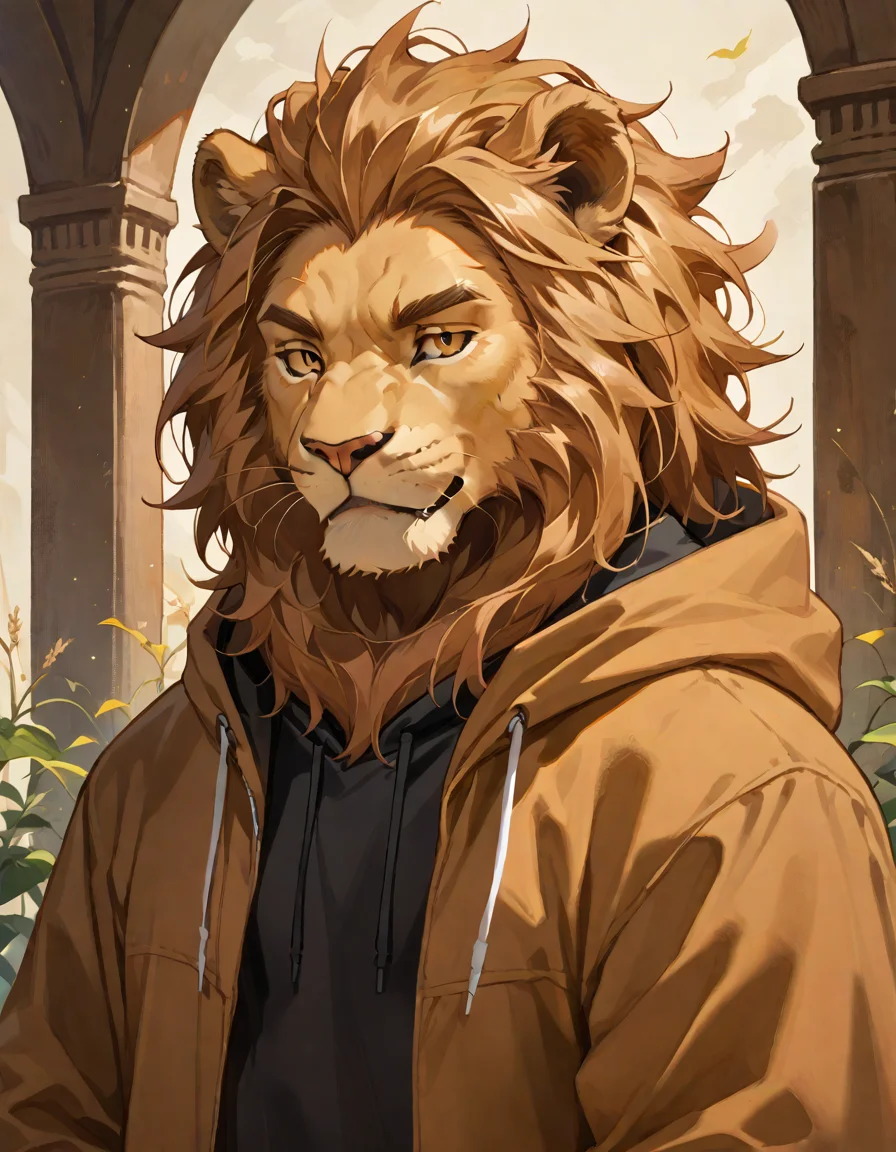 score_9, score_8_up, score_7_up, source_anime, (lion man), furry body, brown fur, (dressed in a black oversized hoodie), character portrait, upper body, rating_safe, <lora:Anime_Furry_Style:0.6>