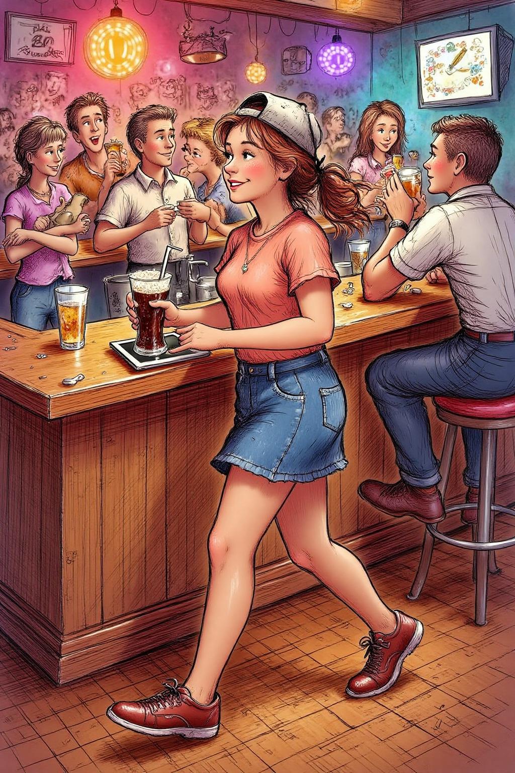 gawi1 illustration.
qub1 illustration. 
The air buzzes with the energy of a busy bar, a mix of music, conversation, and the clinking of glasses. A barmaid, the embodiment of youthful vibrancy, navigates the lively scene. She wears a peach-coloured T-shirt, the soft fabric contrasting with the smooth, cold glass of coke she carries on a small tablet. Her short skirt adds a playful touch, and a backwards baseball cap hints at a carefree attitude. The setting and atmosphere are palpable: the warm, slightly sticky surface of the bar counter under her fingertips, the dim, colourful lighting that casts playful shadows. Sensory details are abundant: the condensation forming on the glass of coke, the texture of her denim skirt, and the way the bar lights catch the highlights in her hair. Her confident stride, her quick smile, and her efficient movements. Stylistically, the image draws inspiration from the vibrant, candid shots of nightlife photographers, with a touch of the stylized realism found in contemporary illustration. There's a deliberate contrast between the barmaid's youthful energy and the slightly worn, lived-in atmosphere of the bar, creating a dynamic and engaging image.  <lora:gawi1_cap_d6a3e12:1.0><lora:827371505068393927:0>