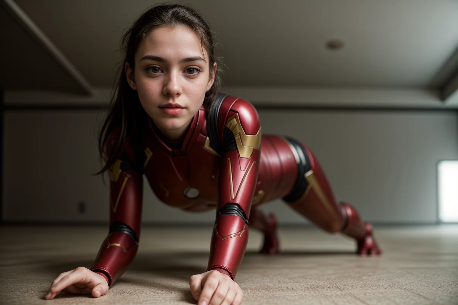 Marvel movies,from below,photo of a 18 year old girl,ironman,practicing push-up,happy,ray tracing,detail shadow,shot on Fujifilm X-T4,85mm f1.2,sharp focus,depth of field,blurry background,blurry foreground,bokeh,motion blur,<lora:add_detail:1>,<lora:LCM_LoRA_Weights_SD15:1>,
