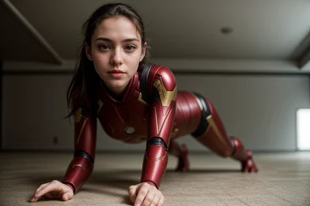Marvel movies,from below,photo of a 18 year old girl,ironman,practicing push-up,happy,ray tracing,detail shadow,shot on Fujifilm X-T4,85mm f1.2,sharp focus,depth of field,blurry background,blurry foreground,bokeh,motion blur,<lora:add_detail:1>,<lora:LCM_LoRA_Weights_SD15:1>,