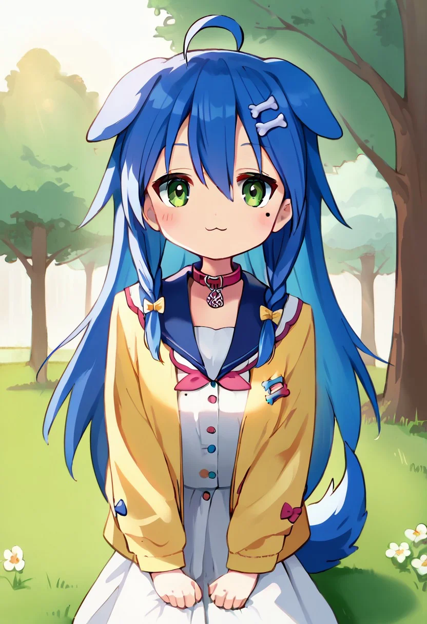 score_9, score_8_up, score_7_up,source_anime, masterpiece, ultra detailed, highres, 4k, best quality, BREAK, <lora:konata:0.7> Konata Izumi, solo, long hair, ahoge, mole, glossy hair, smooth hair, shiny hair, korone_base, yellow jacket, white dress, off shoulder, animal collar, low twin braids, bone hair ornament, dog tail, :\3, dark blue hair, outstanding, countershading, detailed soft lighting, backlighting, green eyes, looking at viewer, ultra detailed eyes, cowboy shot, park, tree, grass, dutch angle, sitting,