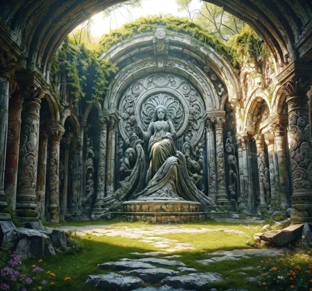 RAW photo, (masterpiece:1.3), subsurface scattering, heavy shadow, (high quality:1.4), (intricate, high detail:1.2), professional photography, HDR, High Dynamic Range, realistic, ultra realistic, photorealistic, high resolution, film photography, ambient lighting, atmospheric effects, <lora:detail_slider_v4:2>, OverallDetail, <lora:Magical_Place:1>, cloudy sky, dappled sunlight, day, fantasy, flower, grass, light rays, mapla, nature, outdoors, ruins, scenery, statue, tree