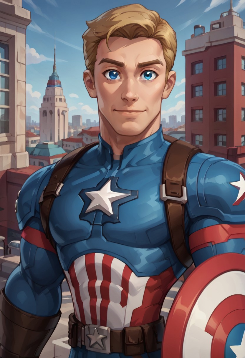 city, city background, day, day time, 2d, 1boy, solo, masterpiece, best quality, extreme detail, CaptainAmerica, Marvel, Disney Infinity, cartoon, 1boy, muscular male, blonde hair, short hair, pale-skinned male, blue eyes, brown boots, brown gloves, brown straps, brown belt, utility belt, multicolored bodysuit, blue bodysuit, red bodysuit, white bodysuit, shield, holding shield, shield on arm, multicolored shield, star symbol,
happy expression, closed mouth, close up, upper body, looking at viewer,