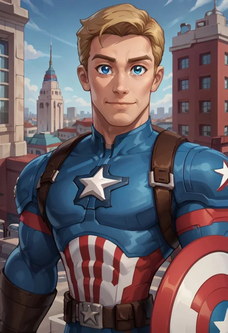 city, city background, day, day time, 2d, 1boy, solo, masterpiece, best quality, extreme detail, CaptainAmerica, Marvel, Disney Infinity, cartoon, 1boy, muscular male, blonde hair, short hair, pale-skinned male, blue eyes, brown boots, brown gloves, brown straps, brown belt, utility belt, multicolored bodysuit, blue bodysuit, red bodysuit, white bodysuit, shield, holding shield, shield on arm, multicolored shield, star symbol,
happy expression, closed mouth, close up, upper body, looking at viewer,