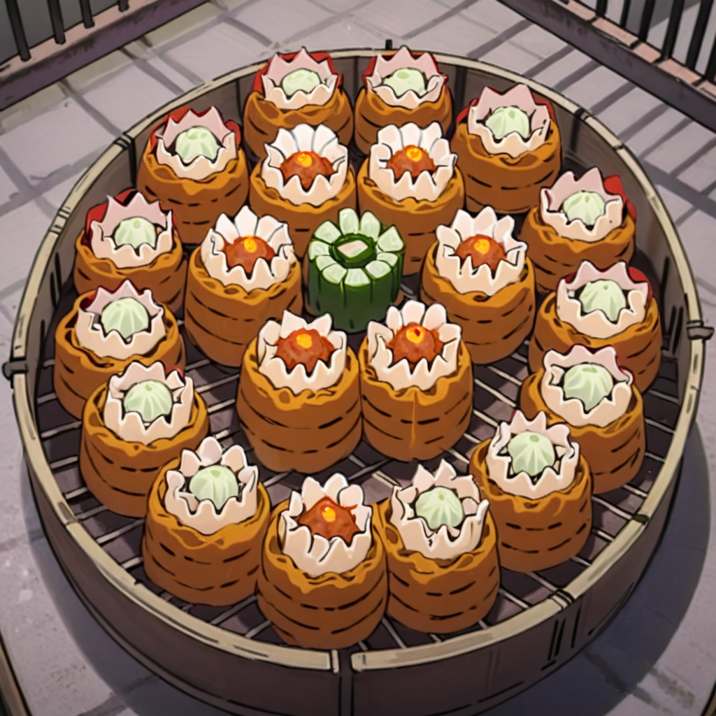 A cage of preserved egg siomai, <lora:food_ichiban:0.75>