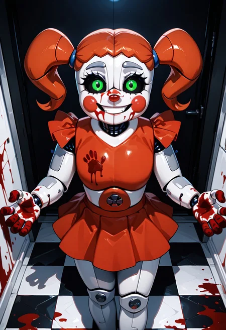 masterpiece, best quality, amazing quality, very aesthetic, absurdres, newest, detailed background, foreground blur, (( cartoon )),
circbb, twintails, robot, 1girl, red cheeks, , joints, skirt, red nose, green eyes, solo
covered in blood, yandere, evil grin, black sclera, blood on face, blood on walls, blood on hands, bloody hand print, black walls, checkered floors, teeth,